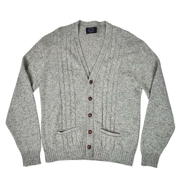 VTG Jantzen Grey Wool 80s Dot Pattern Cable Knit Cardigan Mens Sweater XL - Picture 1 of 5